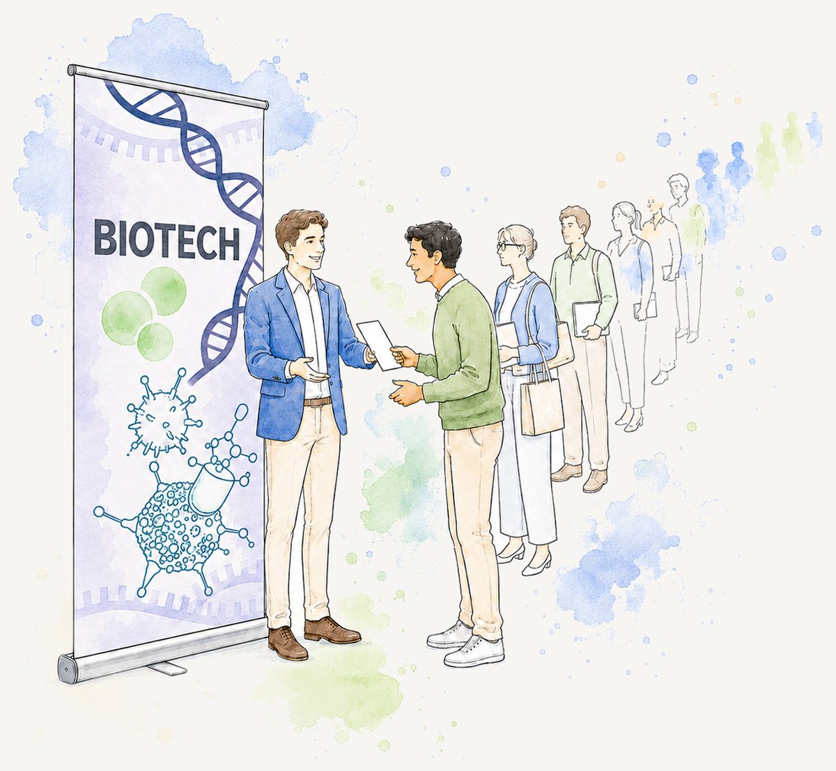 A queue of delegates waiting to speak with a rep at a biotech conference booth