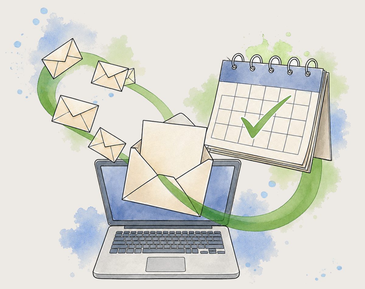 A laptop sending a steady sequence of emails alongside a calendar marked with a green tick