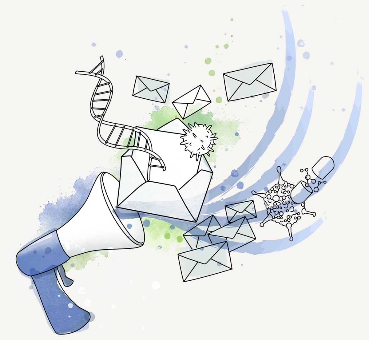 A megaphone broadcasting emails alongside DNA, molecule and virus motifs